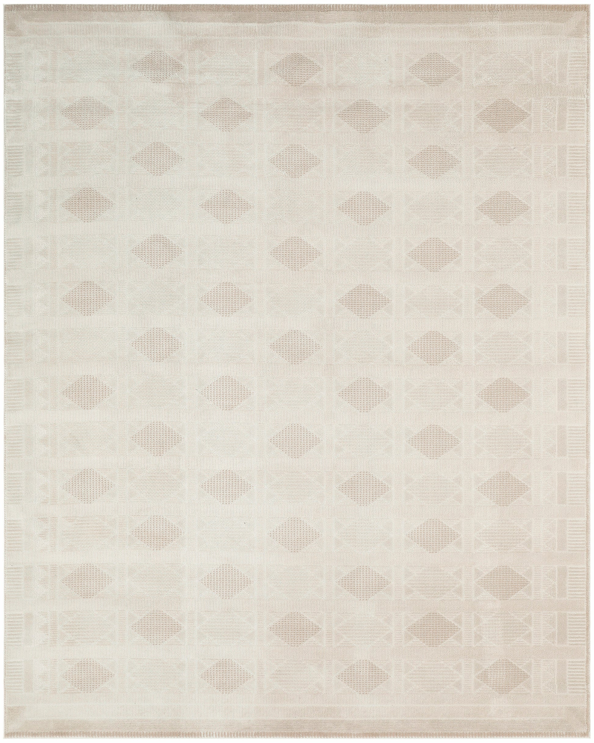 Beige flat-weave rug with subtle diamond grid pattern in neutral tones.