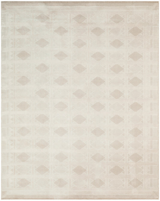 Beige flat-weave rug with subtle diamond grid pattern in neutral tones.