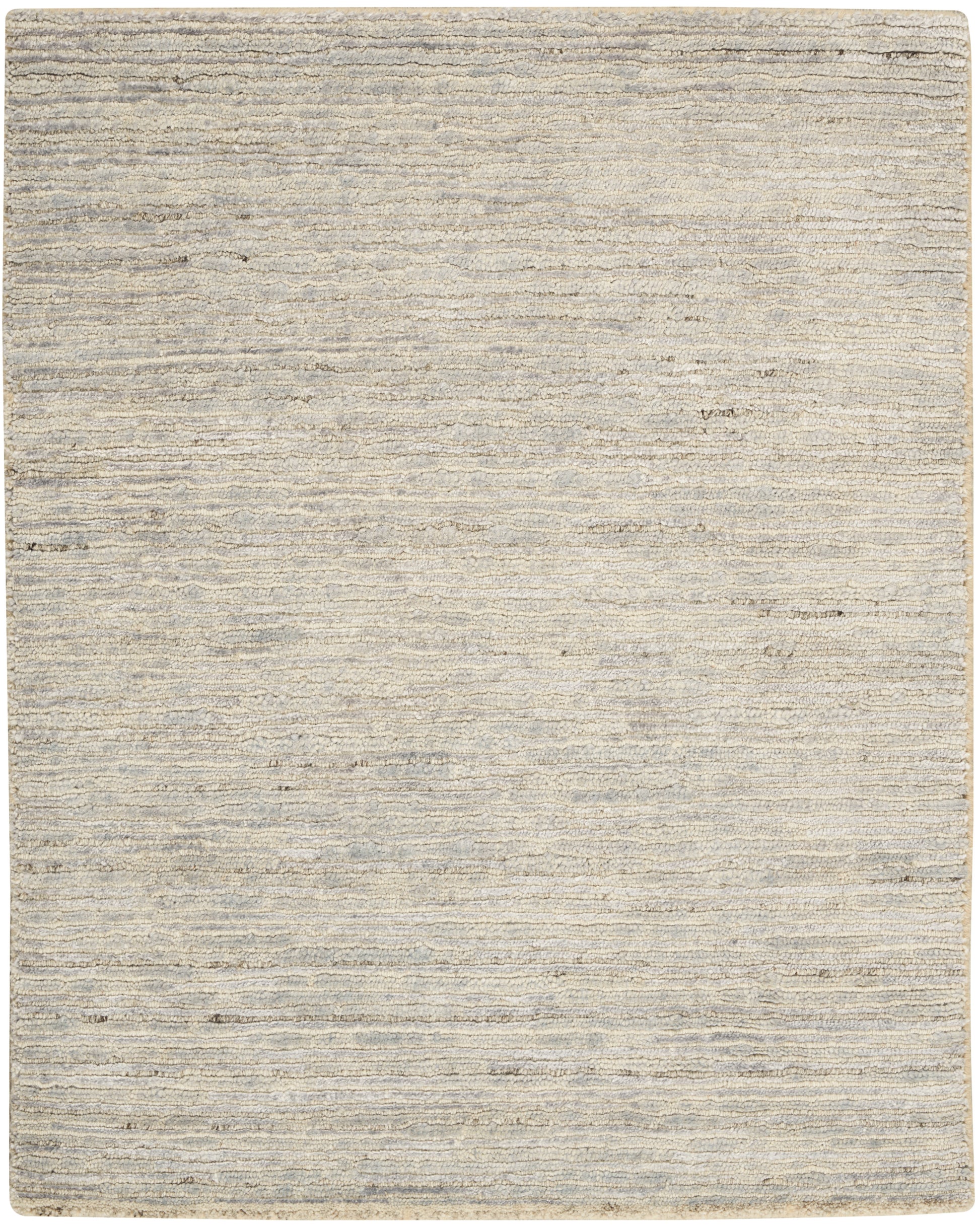 Cream and light gray textured area rug with subtle horizontal stripes and soft, low-pile look.