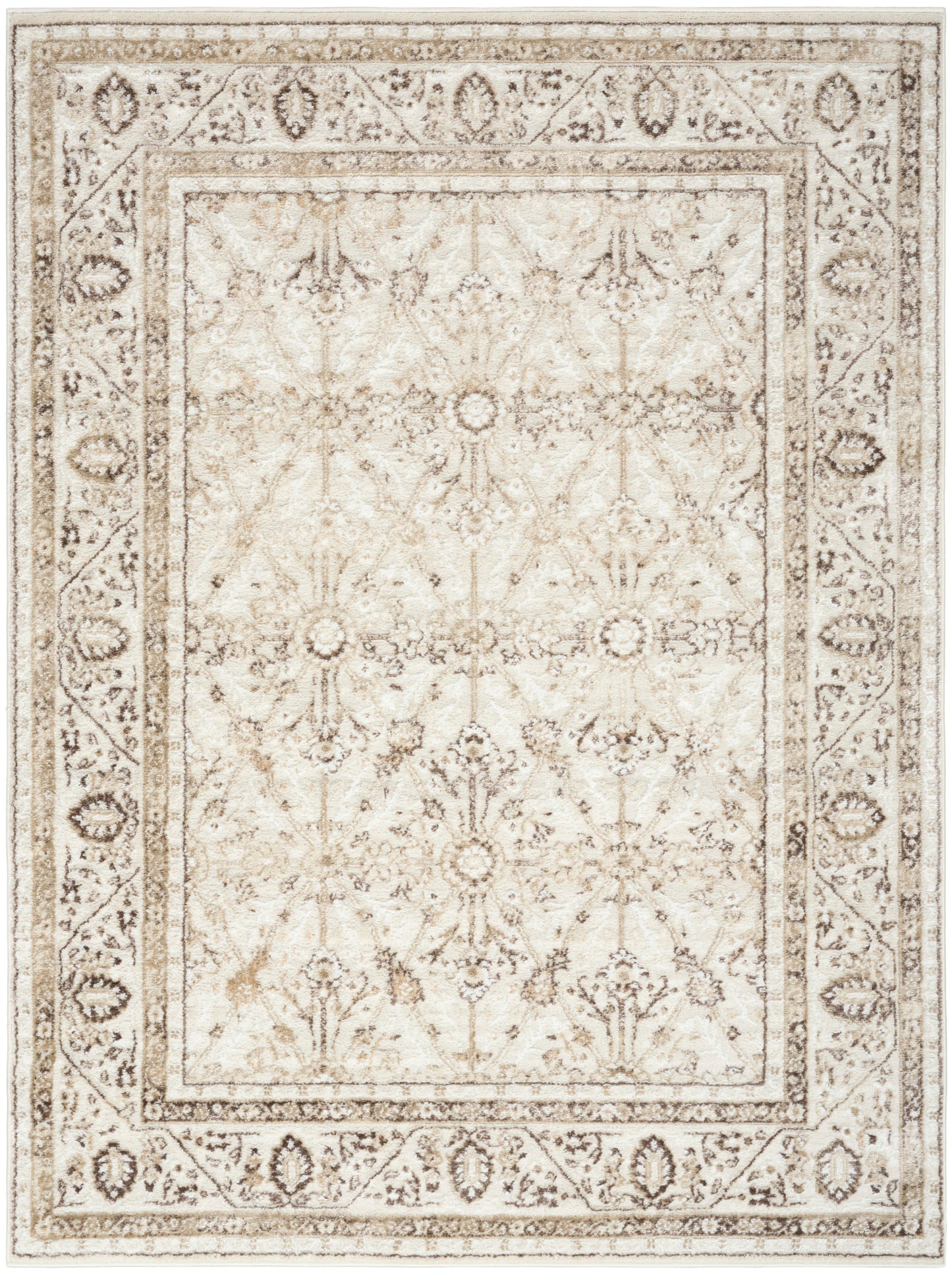 Rectangular cream and beige distressed oriental rug with floral medallion motif and ornate border.