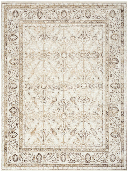 Rectangular cream and beige distressed oriental rug with floral medallion motif and ornate border.