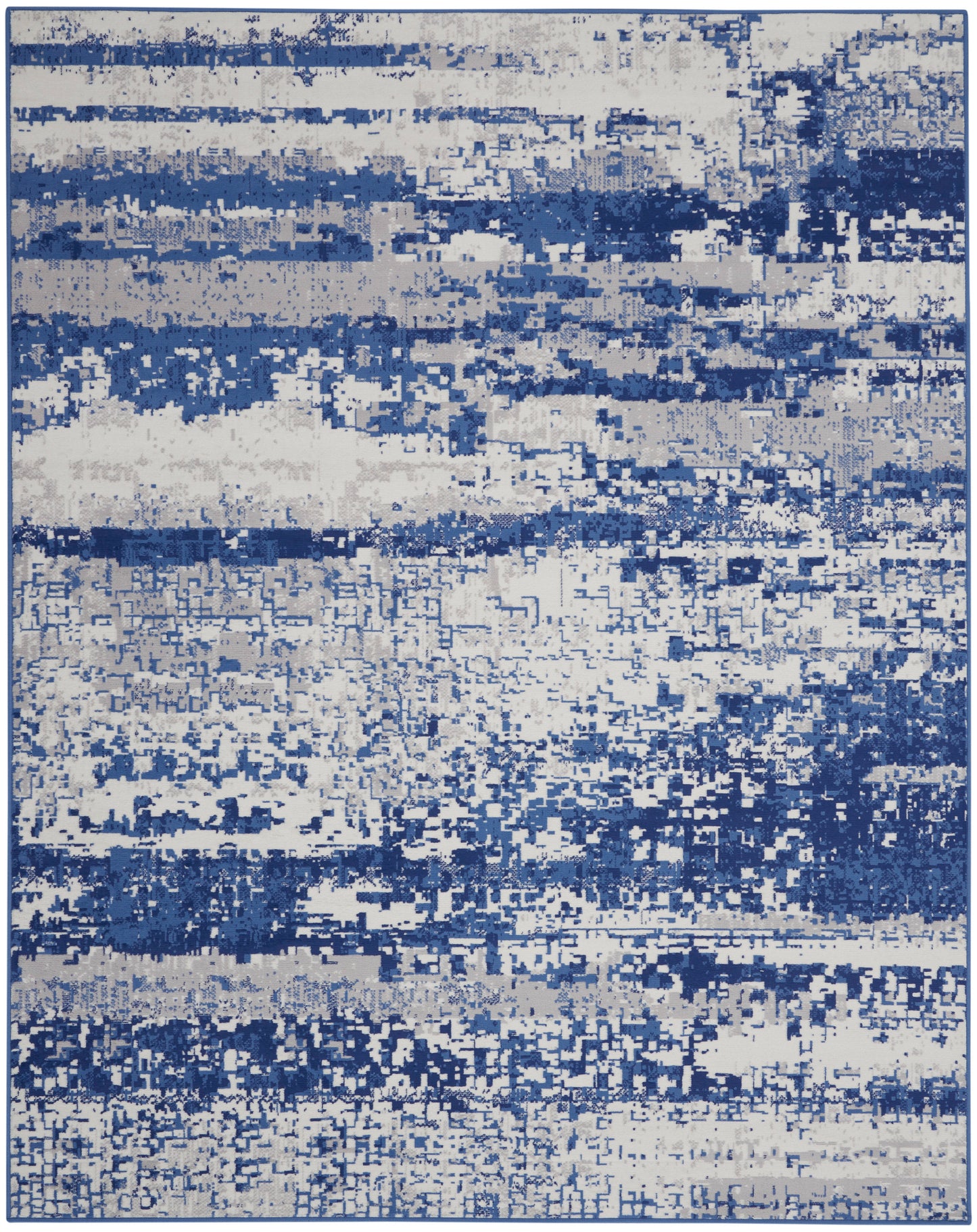 Blue and ivory distressed pixelated rug with horizontal stripe pattern, modern contemporary decor.