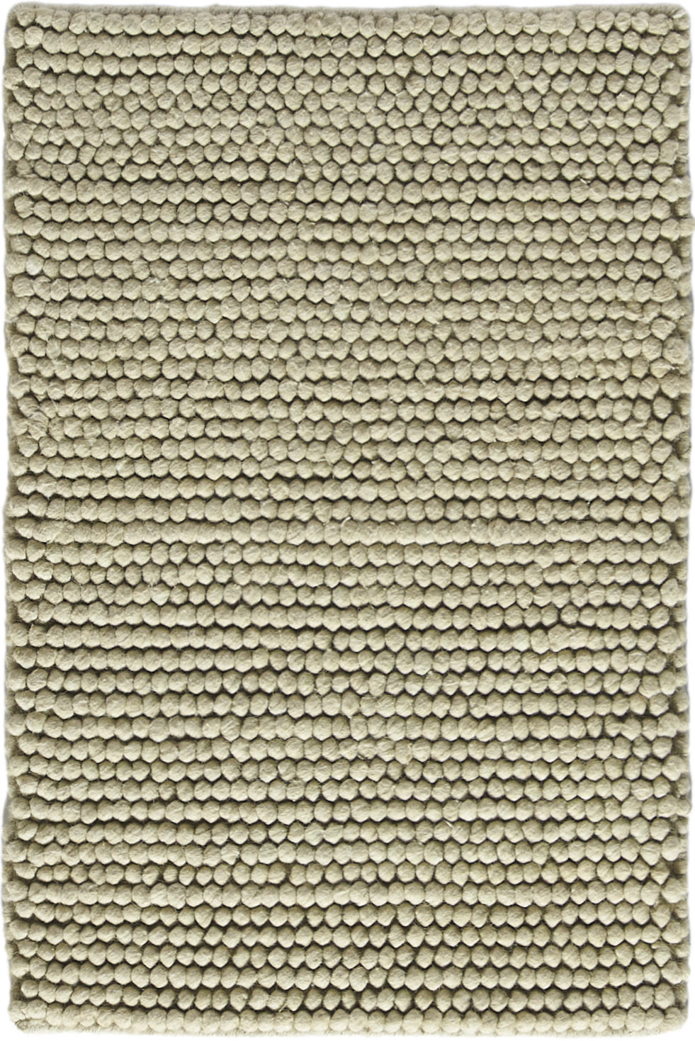 Beige tufted loop-pile rug with tiny round tufts; rectangular, soft floor covering.