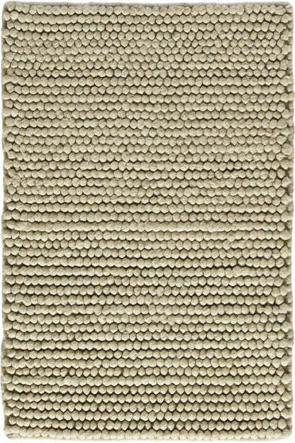 Beige tufted loop-pile rug with tiny round tufts; rectangular, soft floor covering.
