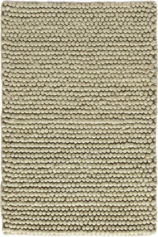 Beige tufted loop-pile rug with tiny round tufts; rectangular, soft floor covering.