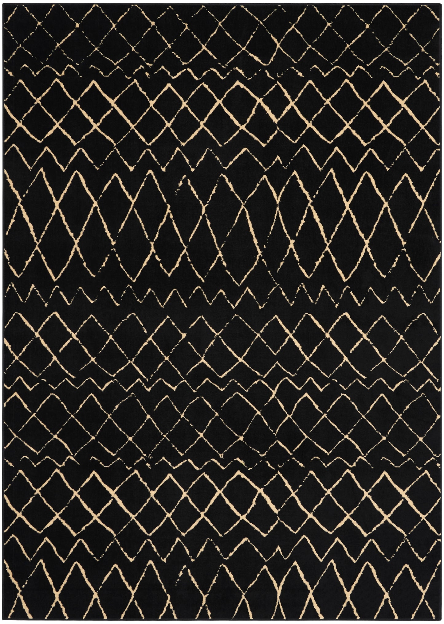 Black rug with beige diamond lattice pattern in horizontal bands; modern geometric decor.