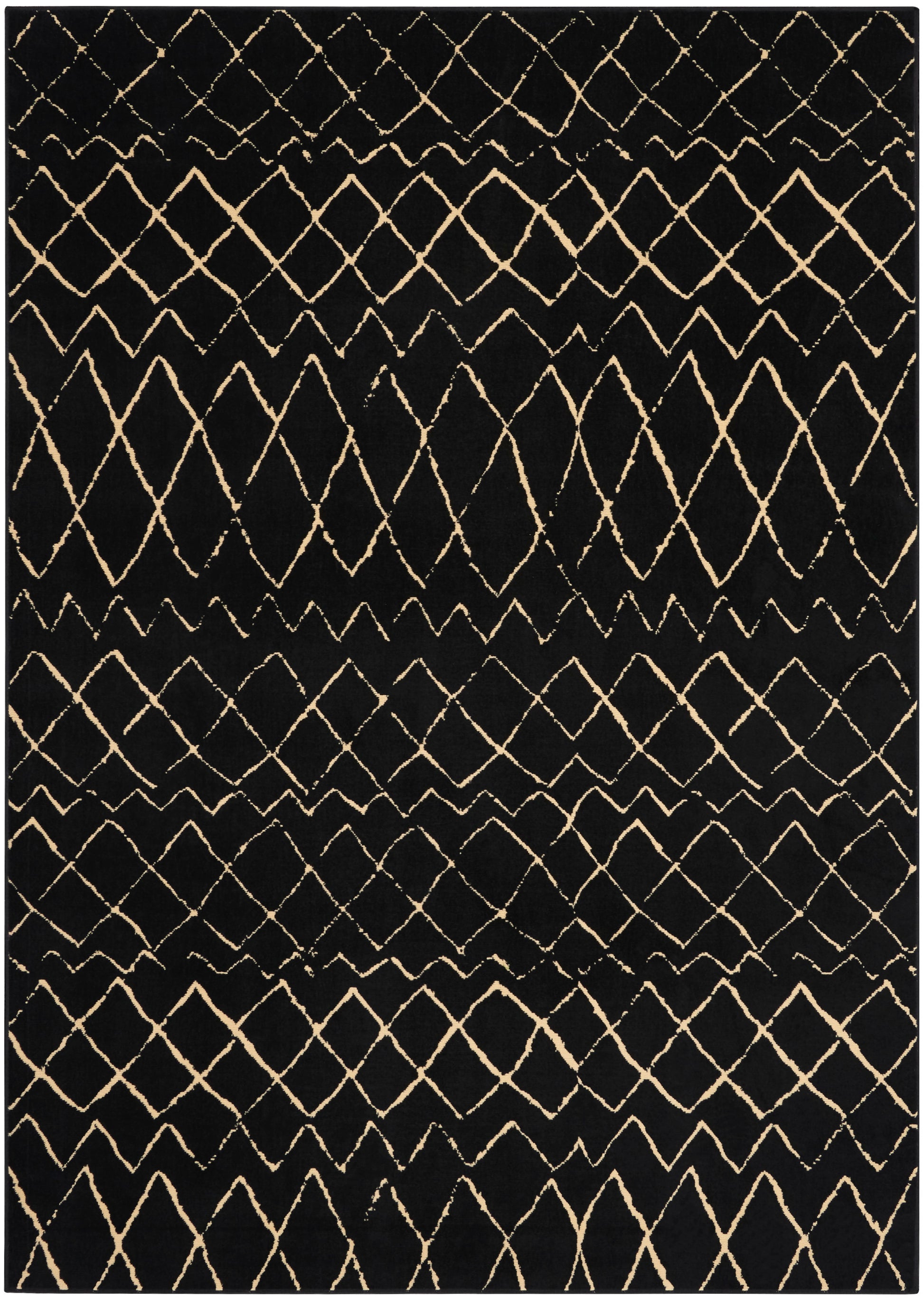 Black rug with beige diamond lattice pattern in horizontal bands; modern geometric decor.