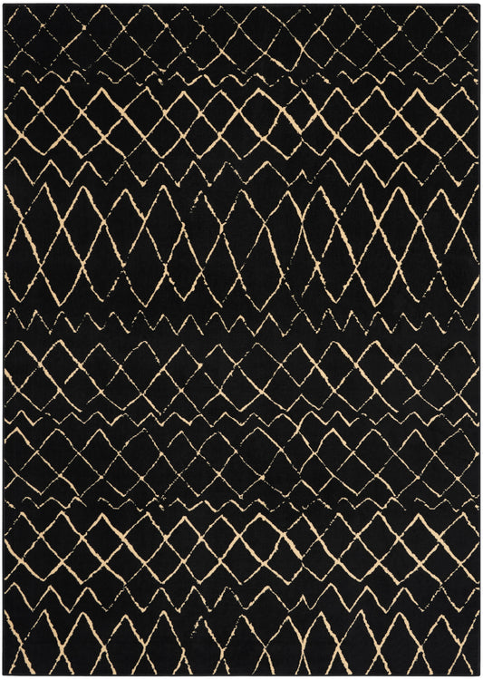 Black rug with beige diamond lattice pattern in horizontal bands; modern geometric decor.