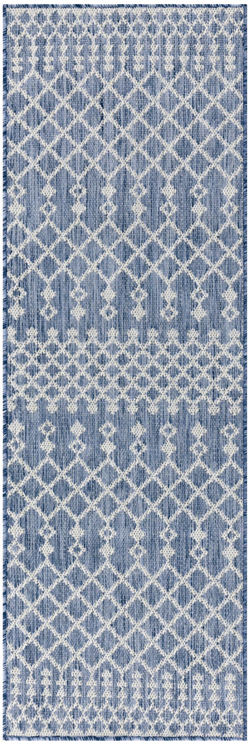 Blue & white woven rug runner with diamond lattice motif & fringed ends.