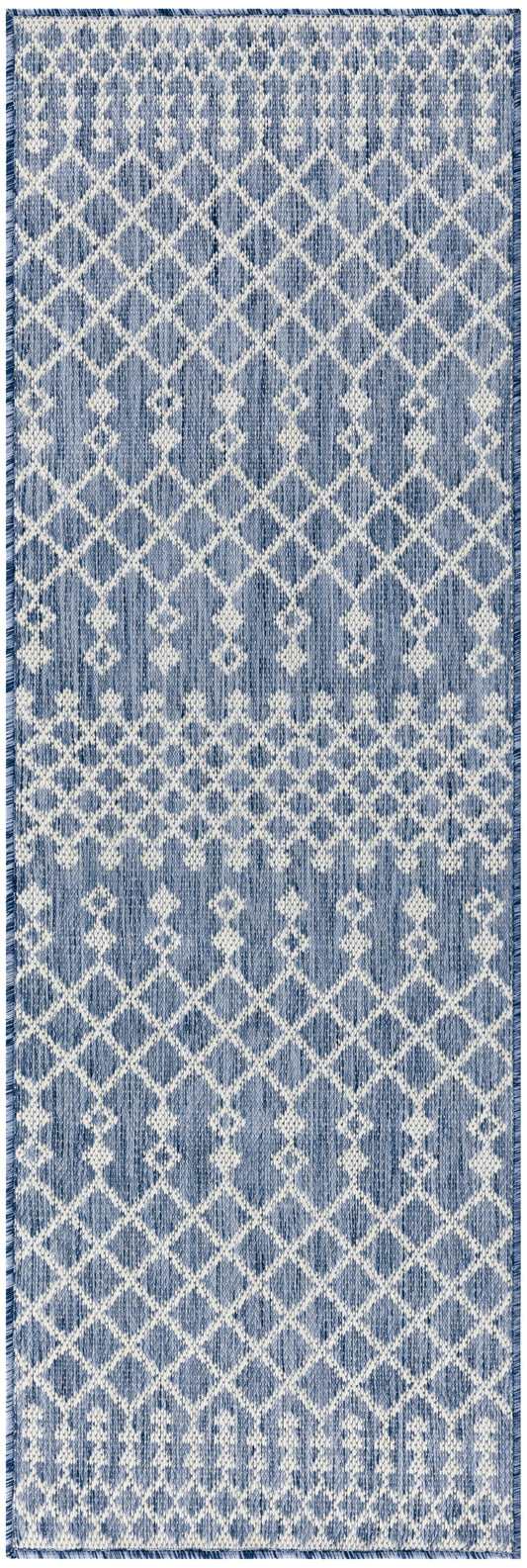 Blue & white woven rug runner with diamond lattice motif & fringed ends.