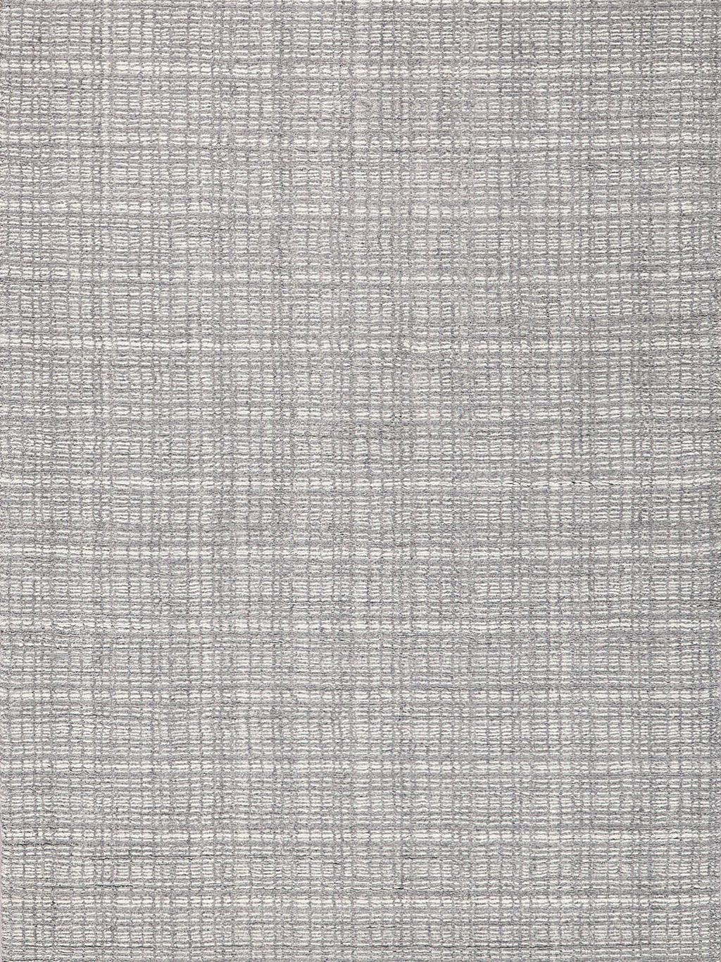 Gray and taupe hand-loomed area rug with a subtle grid pattern and textured weave.