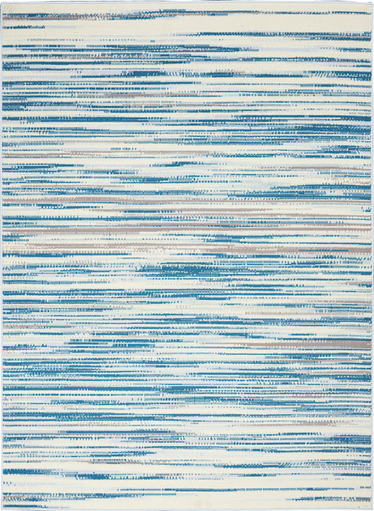 Blue & white abstract striped rug with irregular horizontal lines, coastal-style floor decor
