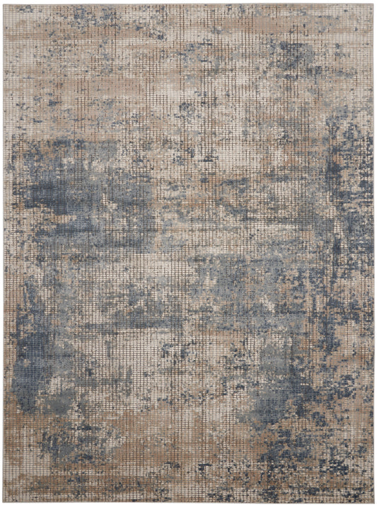 Abstract distressed rug in beige and blue-gray tones with a vintage washed pattern.