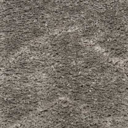 Soft, high-pile shag rug in taupe-gray with dense, fluffy fibers.