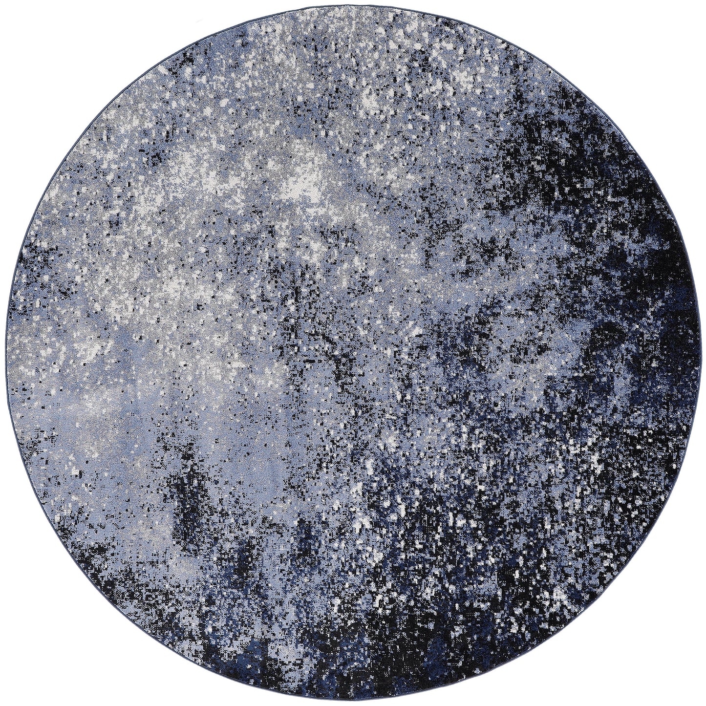 Round blue-gray speckled rug with white flecks; modern terrazzo-inspired abstract pattern.