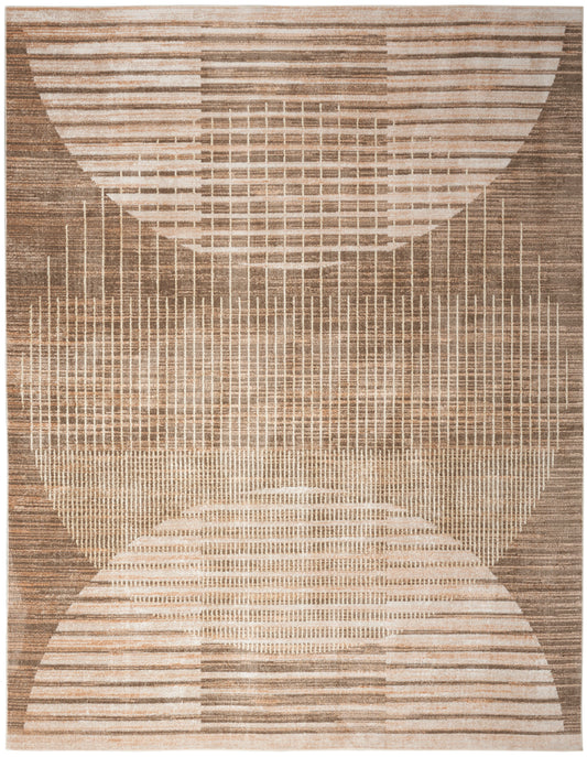Beige and tan abstract area rug with overlapping semicircles and grid-like stripes.
