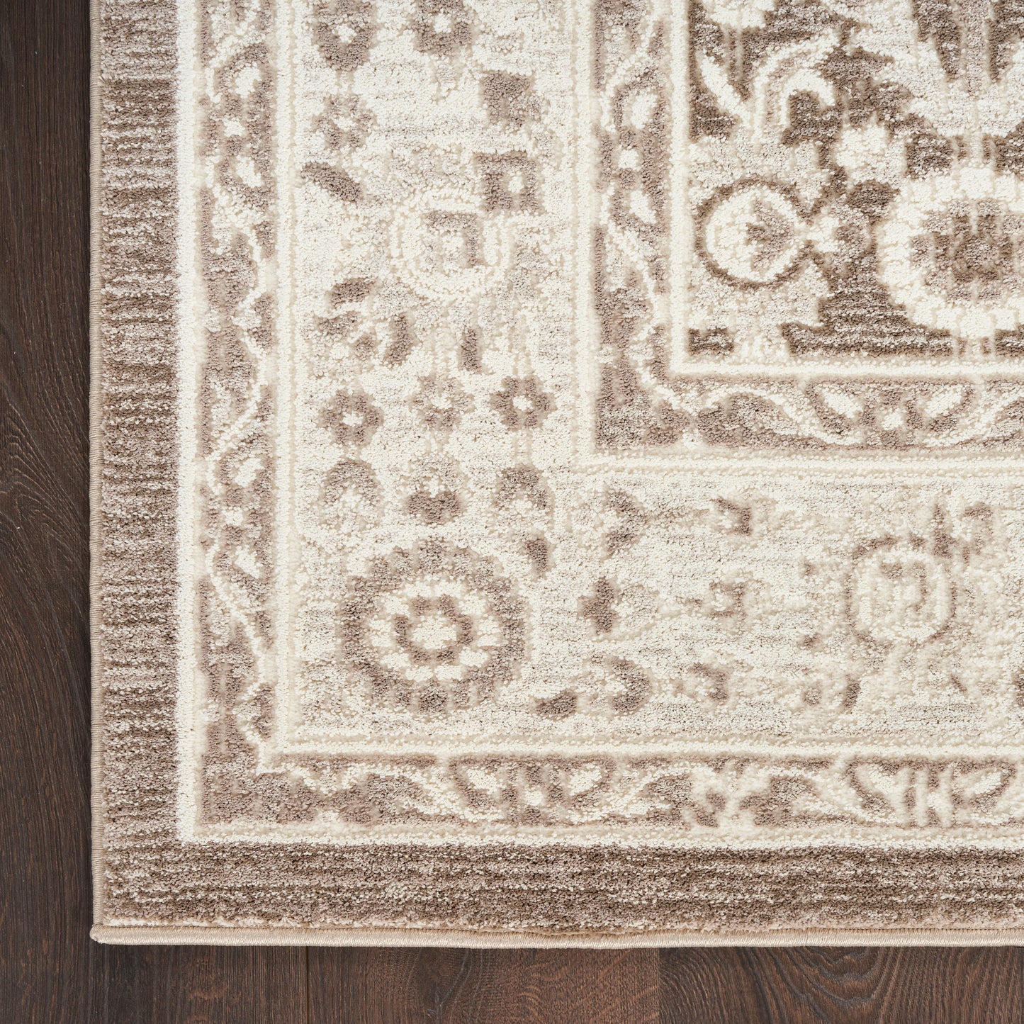 Beige oriental area rug with brown floral border and fringe, intricate pattern on dark wood floor.