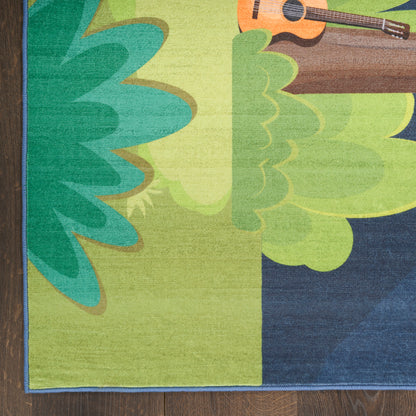Colorful rectangular rug with lime green, teal, and navy blocks and a partial guitar graphic along the top edge on wooden floor.