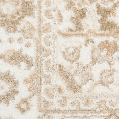 Beige and cream oriental area rug with tan medallion and floral border, soft plush pile.