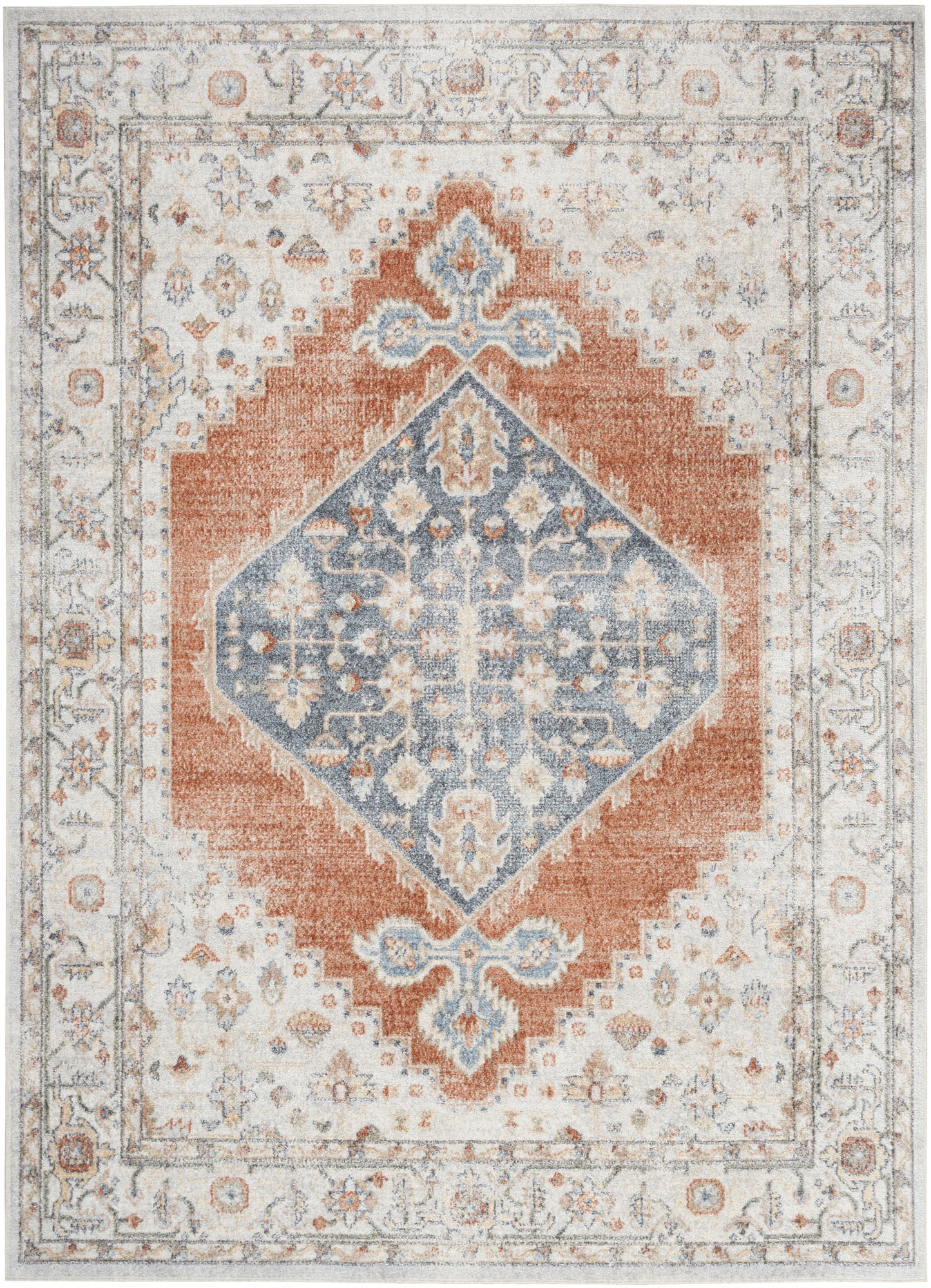 Distressed vintage oriental rug with a blue diamond medallion, rust-orange frame, ivory border and floral motifs.