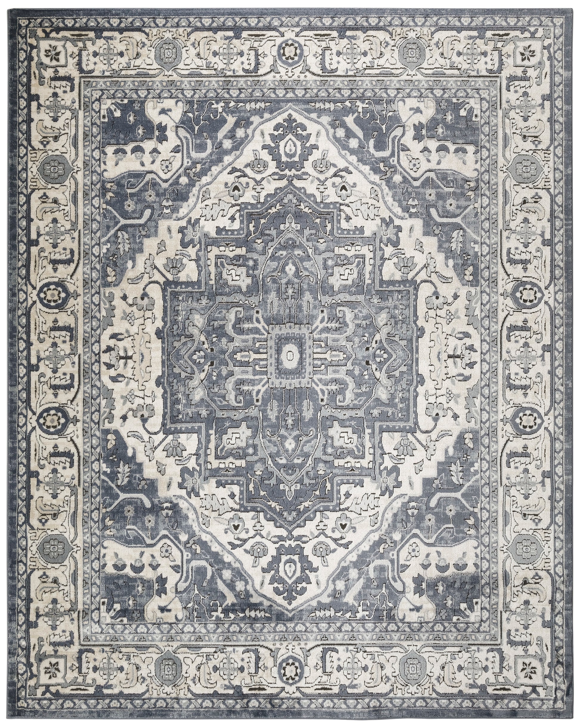 Rectangular blue-gray and ivory Persian-style oriental rug with central medallion and ornate floral border