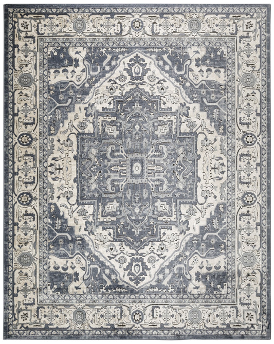 Rectangular blue-gray and ivory Persian-style oriental rug with central medallion and ornate floral border