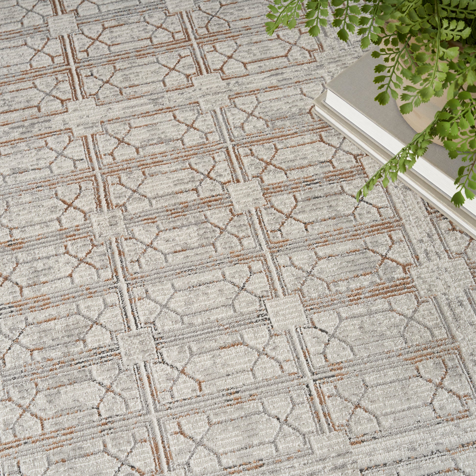 Beige-gray geometric area rug with square motifs and brown lines; fern and books sit at the edge.