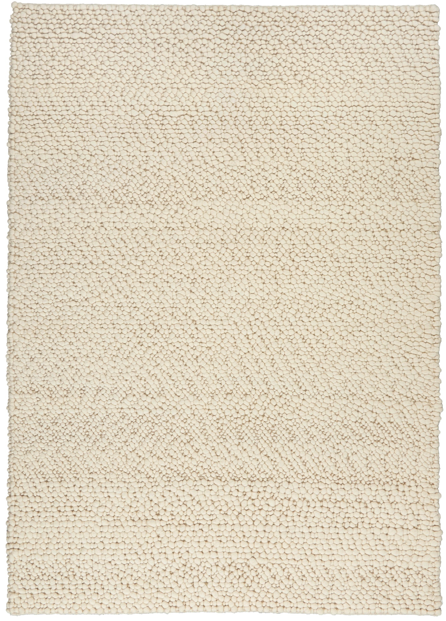 Cream boucle shag rug with dense pebble-like pile; rectangular floor covering for living spaces.