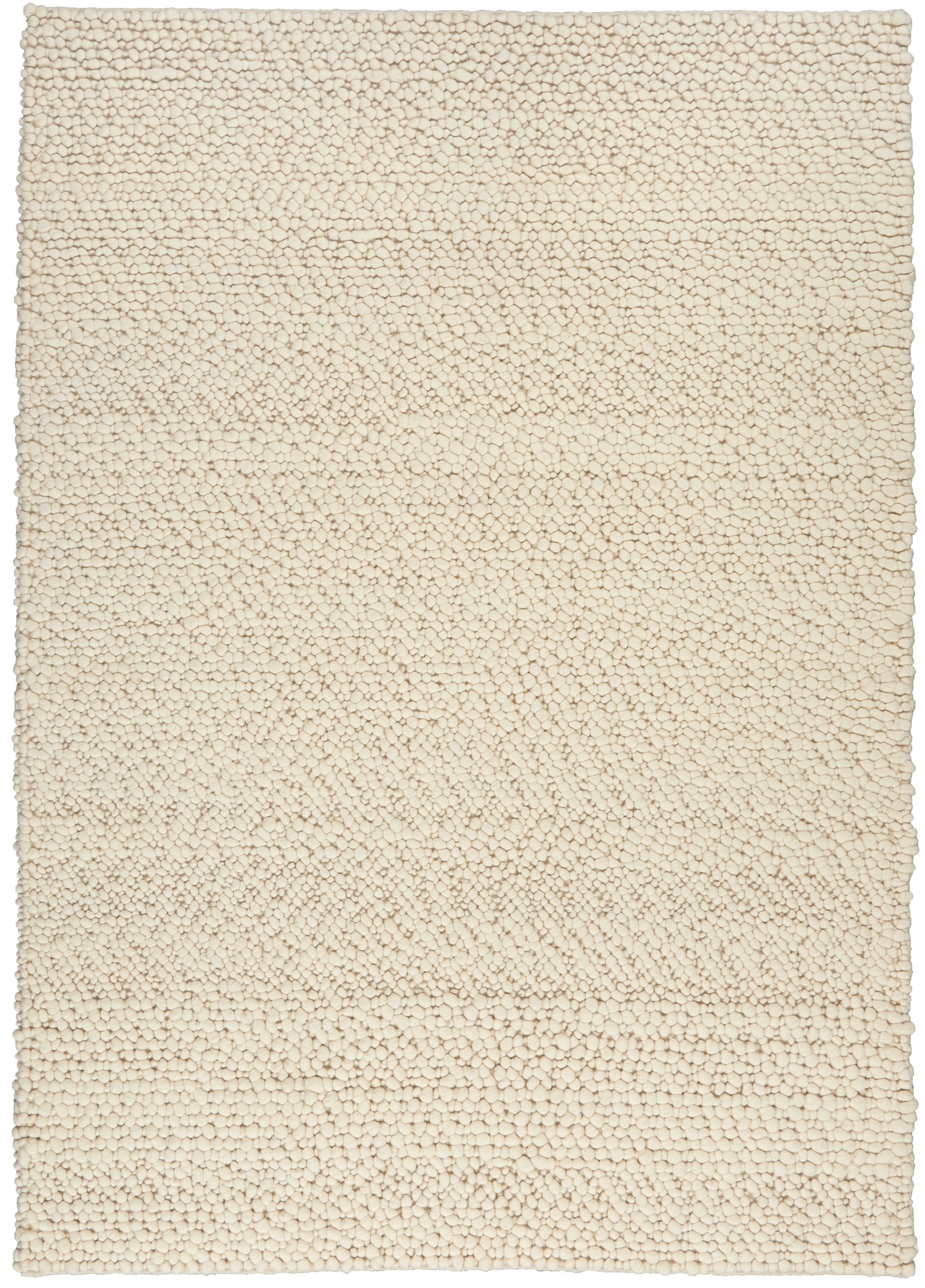 Cream boucle shag rug with dense pebble-like pile; rectangular floor covering for living spaces.