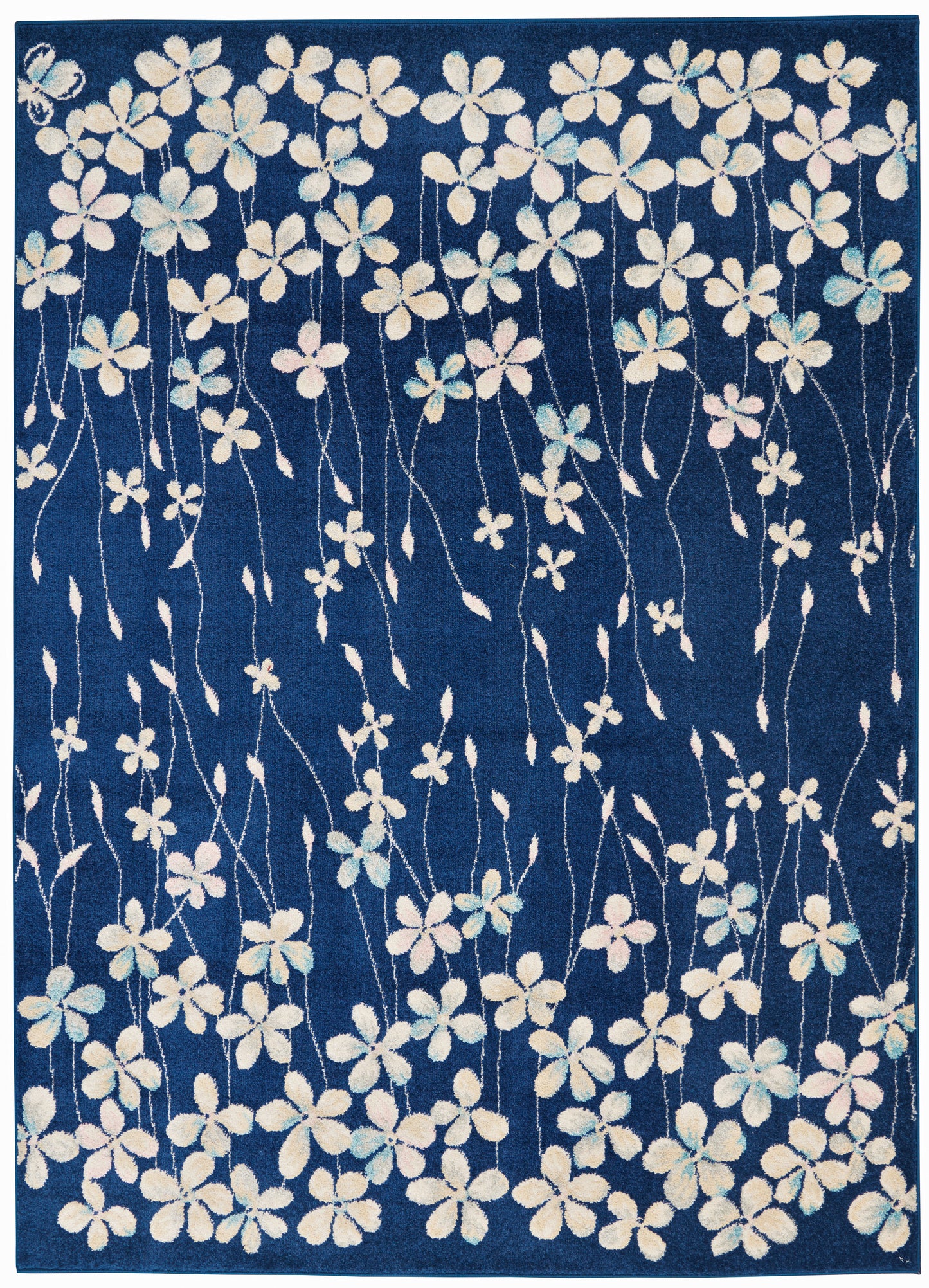 Blue rectangular rug with white five-petaled flowers on long stems; pastel-hued floral garden pattern.