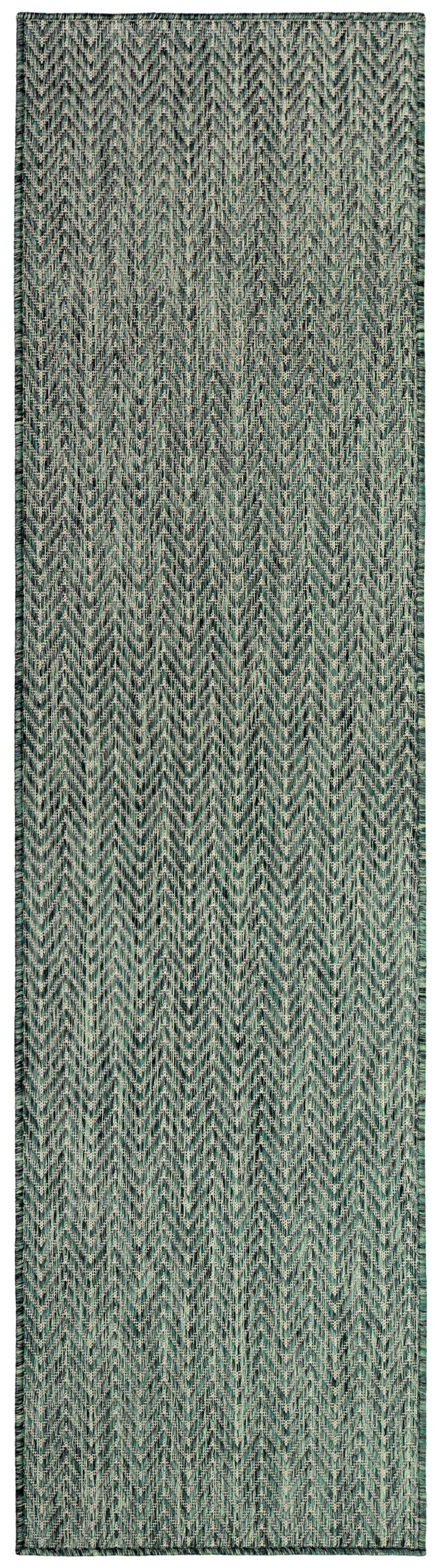 Teal & gray chevron-woven runner rug with textured surface and dark teal border.