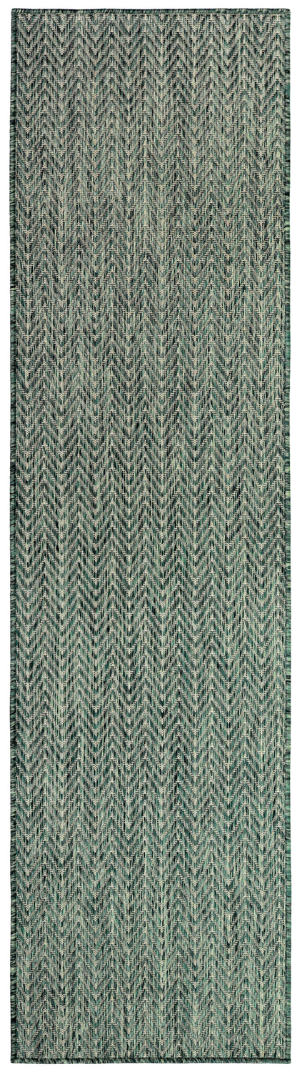 Teal & gray chevron-woven runner rug with textured surface and dark teal border.