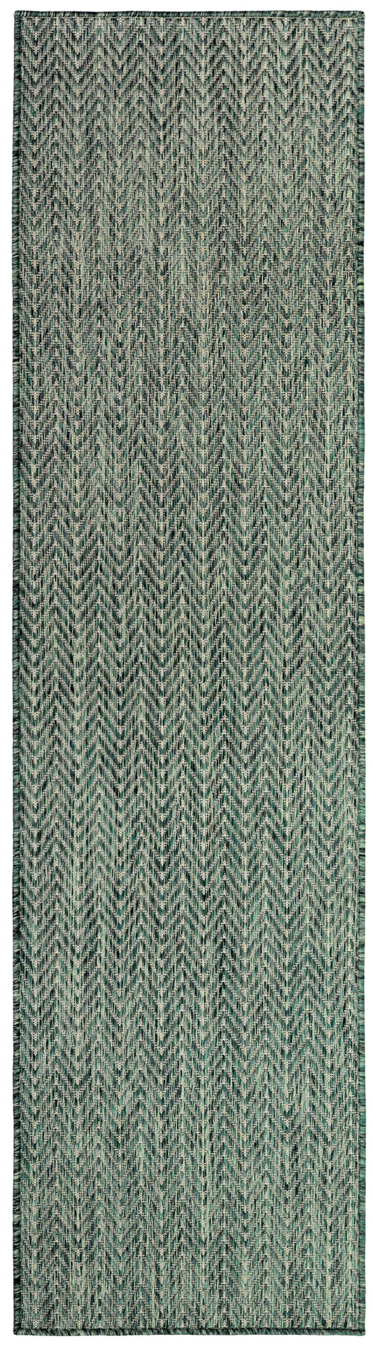 Teal & gray chevron-woven runner rug with textured surface and dark teal border.