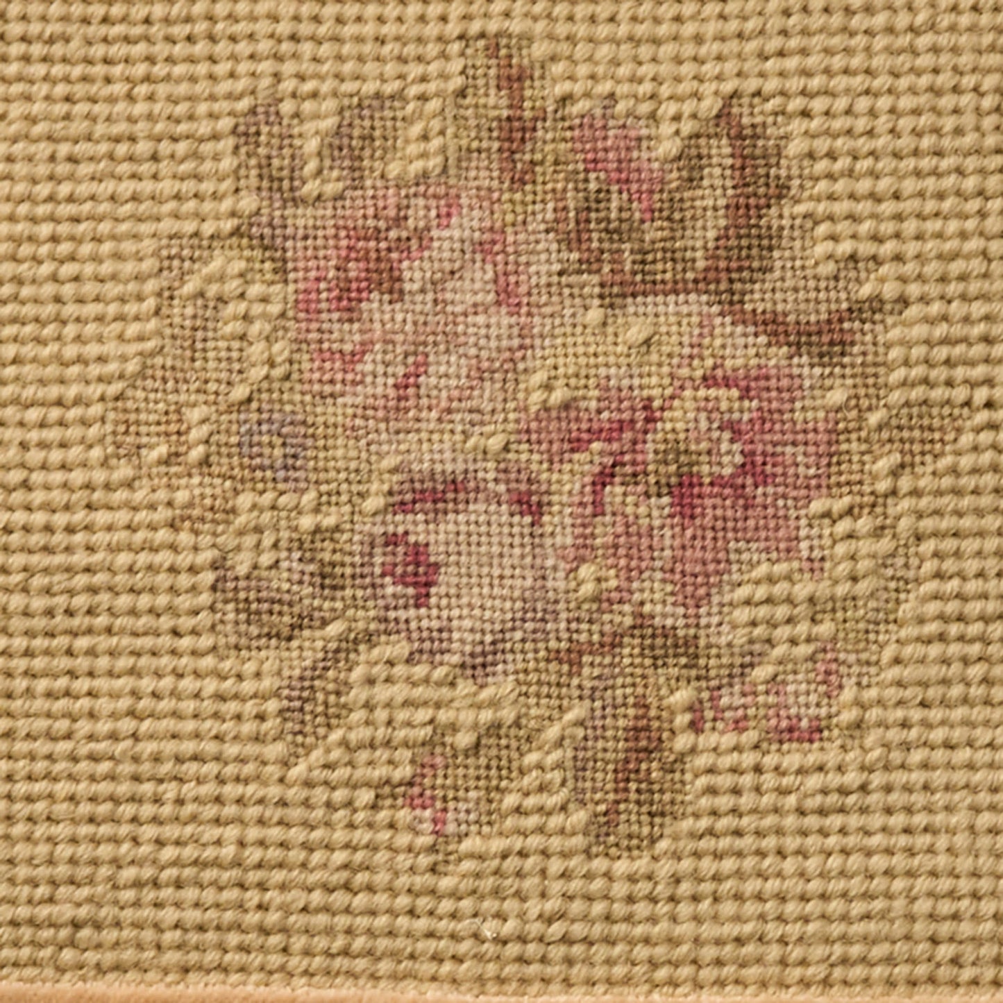 18" x 18" gold-toned woven rug, natural fiber with a vintage-style tapestry pattern.
