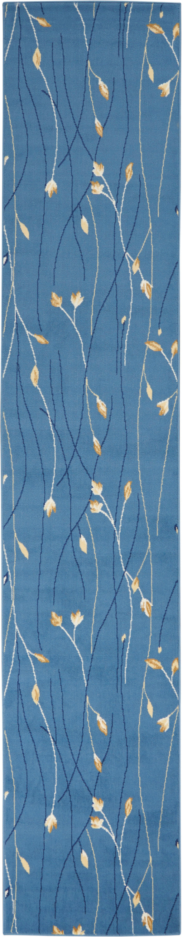 Blue runner rug with slender white and dark blue curving stems and small yellow-gold leaves; modern botanical design.
