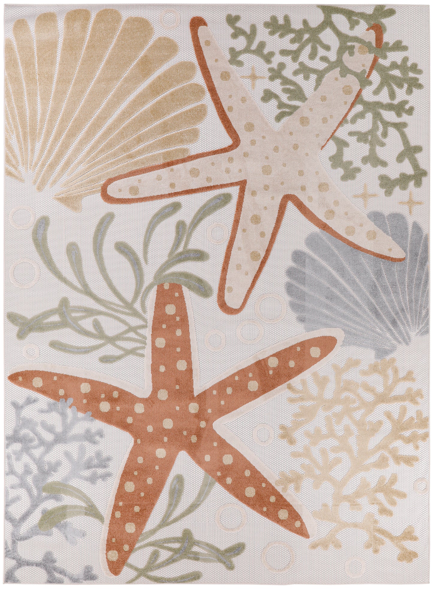 Outdoor coastal rug featuring orange & beige starfish, shells & coral in pastel greens, blues & sand tones.