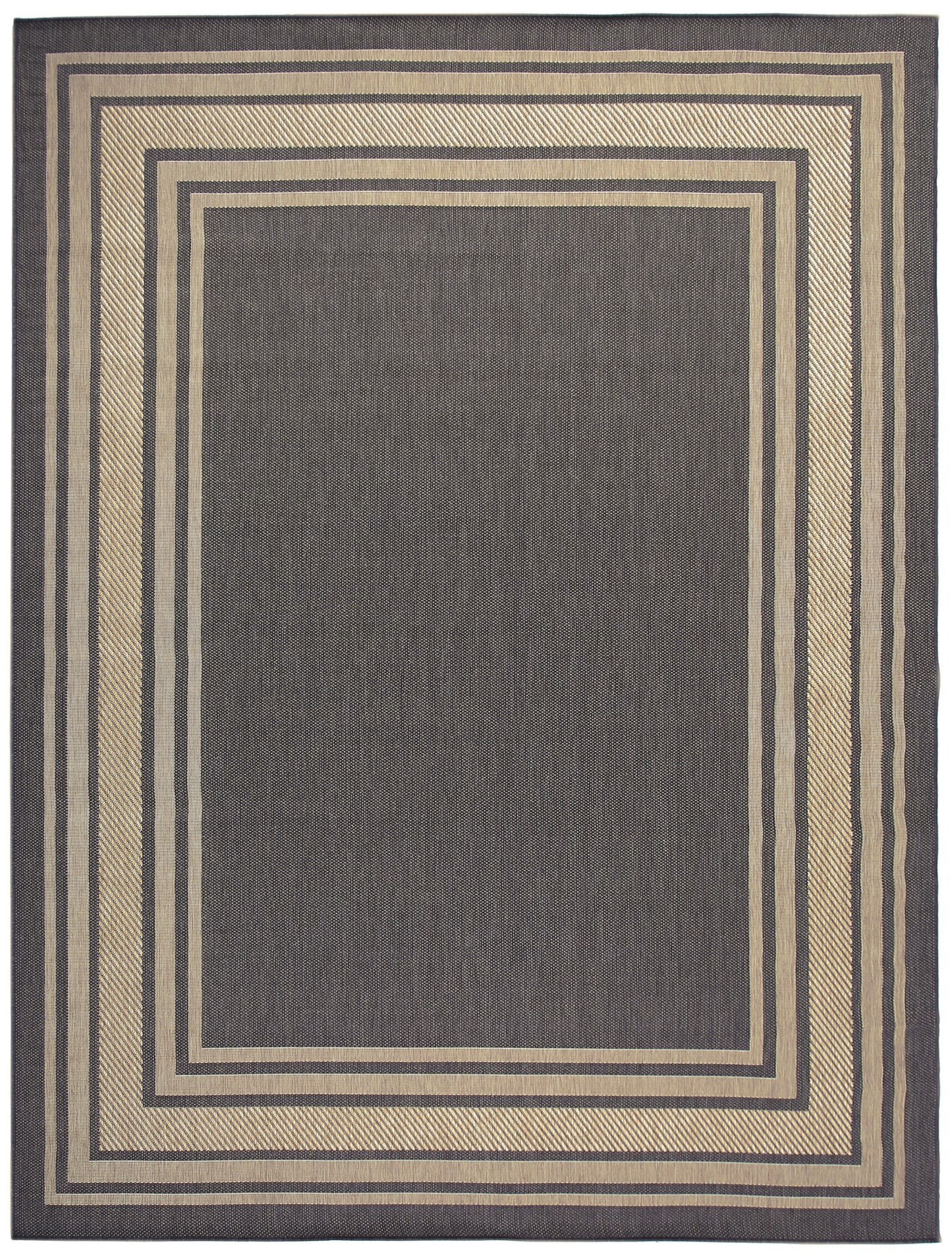 Charcoal gray rug with nested beige borders; geometric concentric rectangles, woven texture for modern living room.