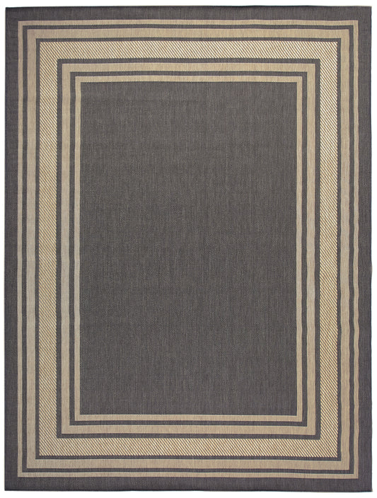 Charcoal gray rug with nested beige borders; geometric concentric rectangles, woven texture for modern living room.