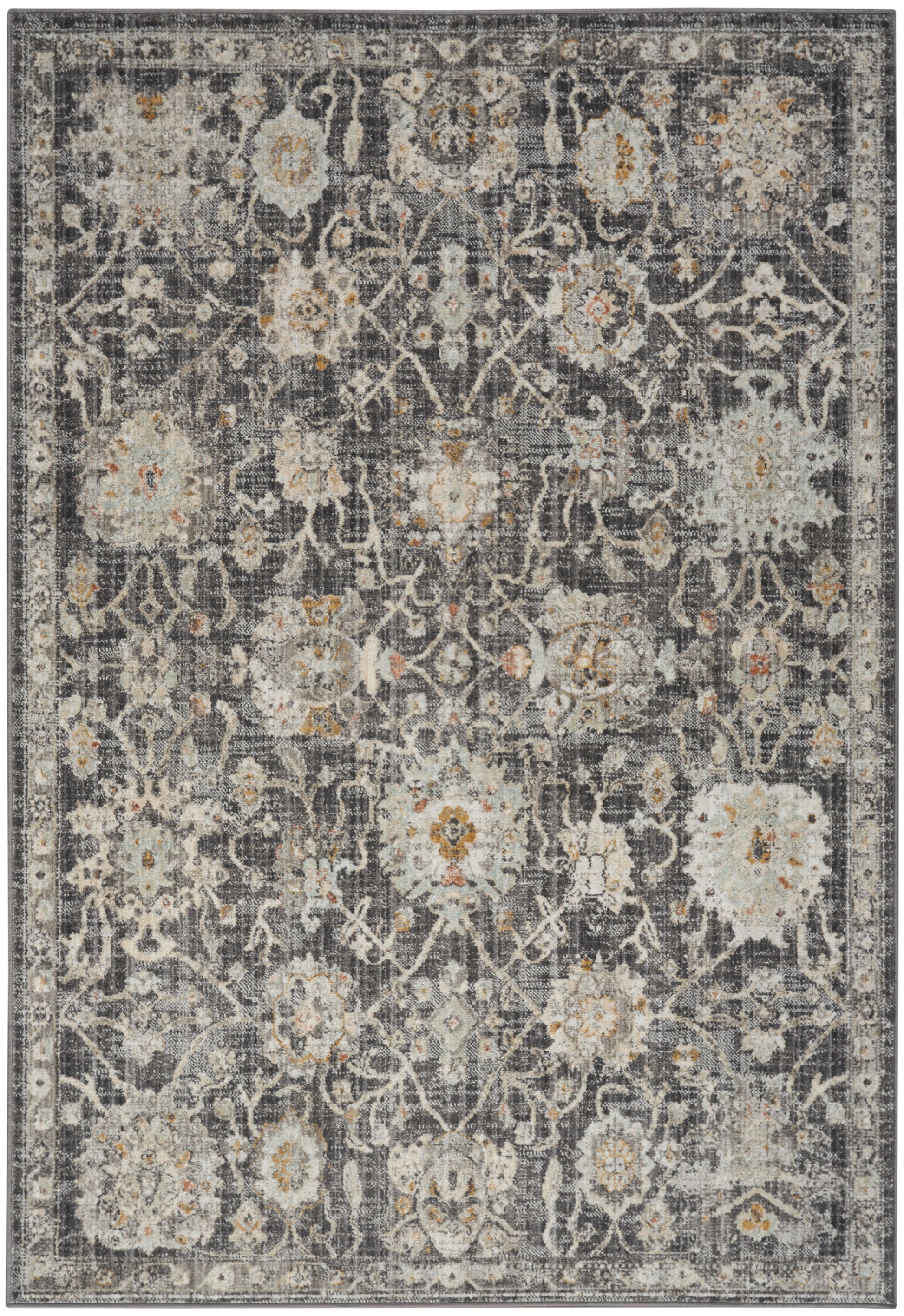 Rectangular vintage-style distressed area rug with charcoal gray background and ivory, beige & gold floral lattice pattern.