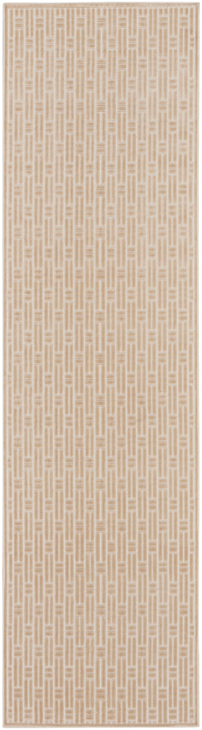 Beige runner rug with a repeating vertical geometric motif; neutral, textured look for floors.