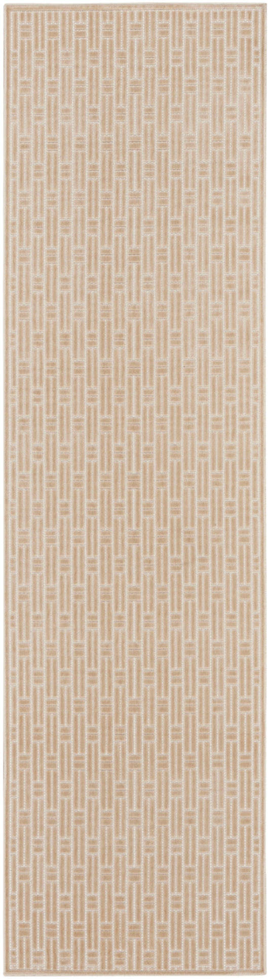 Beige runner rug with a repeating vertical geometric motif; neutral, textured look for floors.