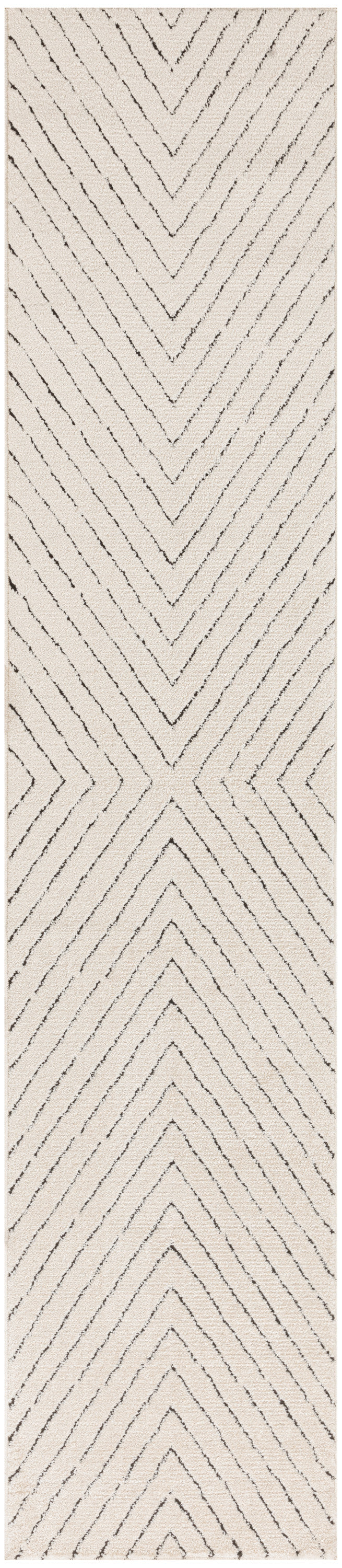 Beige rectangular rug with a textured surface and repeated black chevron zigzag pattern.