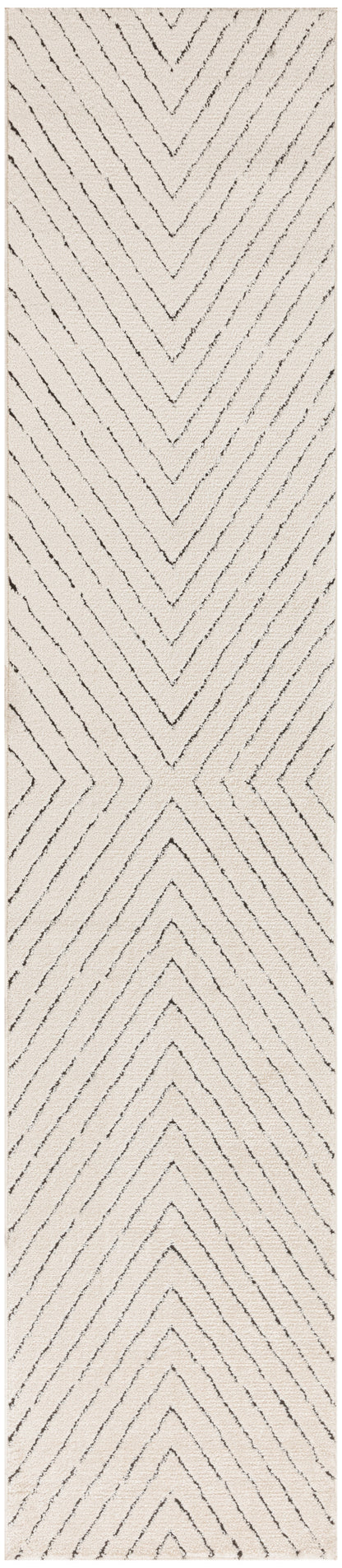 Beige rectangular rug with a textured surface and repeated black chevron zigzag pattern.