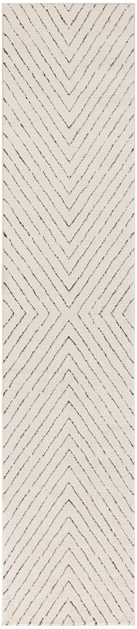 Beige rectangular rug with a textured surface and repeated black chevron zigzag pattern.
