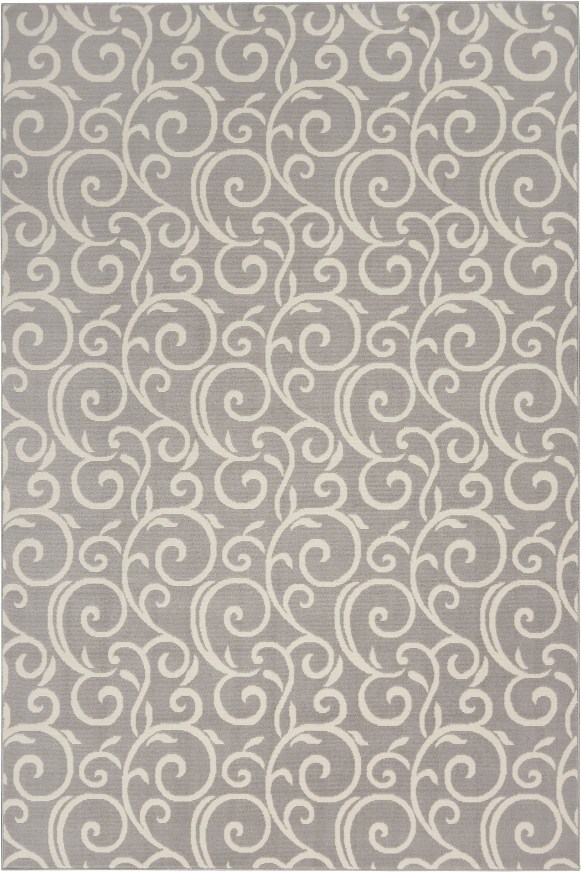 Gray rug with ivory/cream scrolling arabesque motif; decorative woven area rug for living spaces.