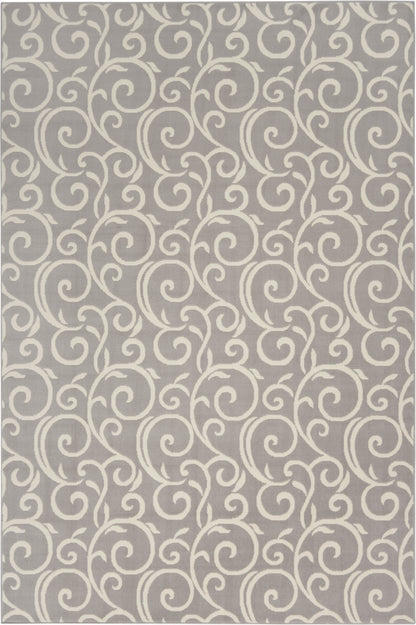 Gray rug with ivory/cream scrolling arabesque motif; decorative woven area rug for living spaces.