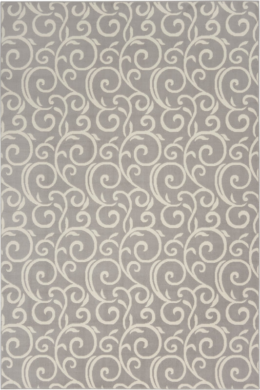 Gray rug with ivory/cream scrolling arabesque motif; decorative woven area rug for living spaces.