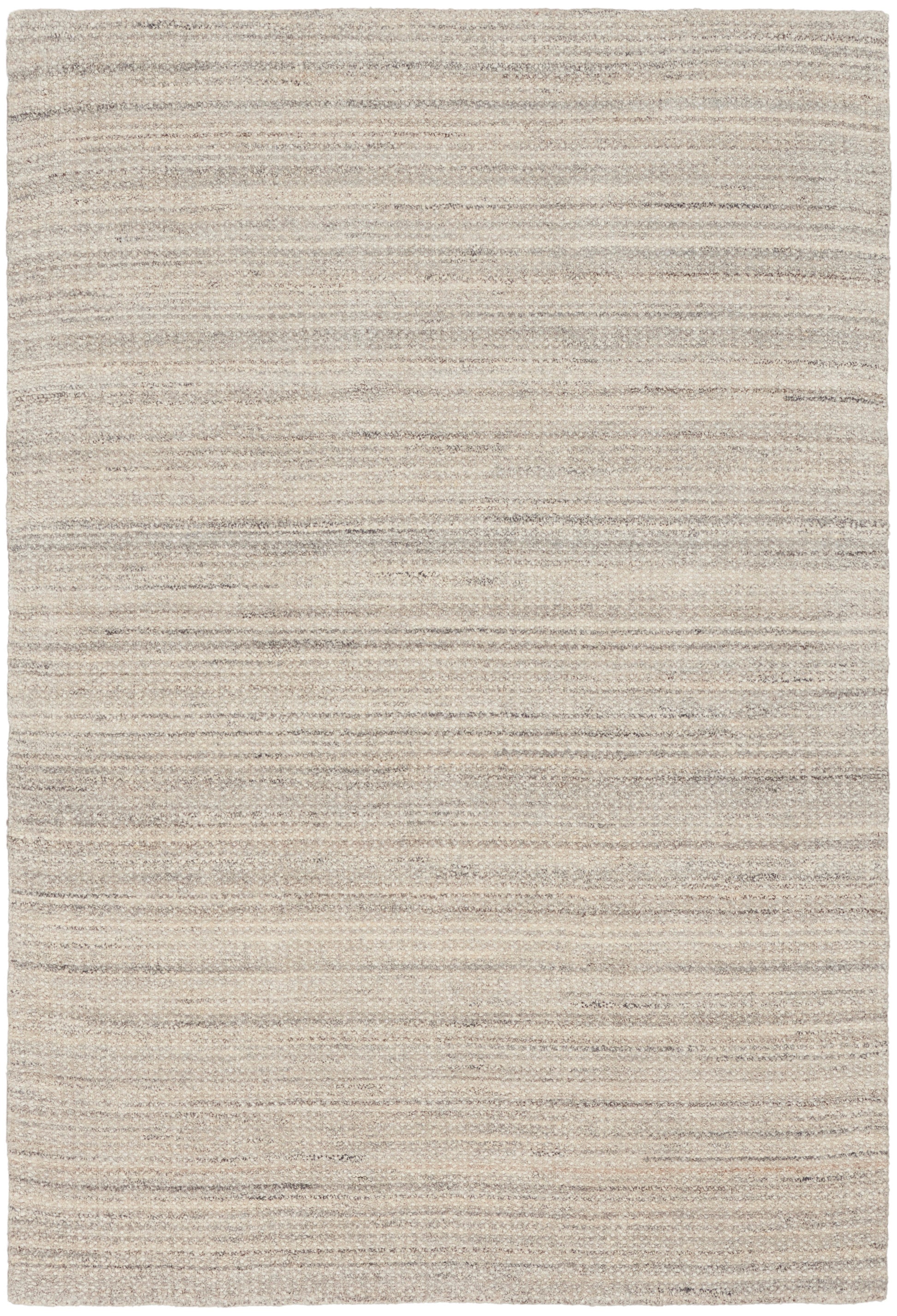 Neutral beige flat-weave rug with subtle horizontal stripes; rectangular, versatile for living room or bedroom.