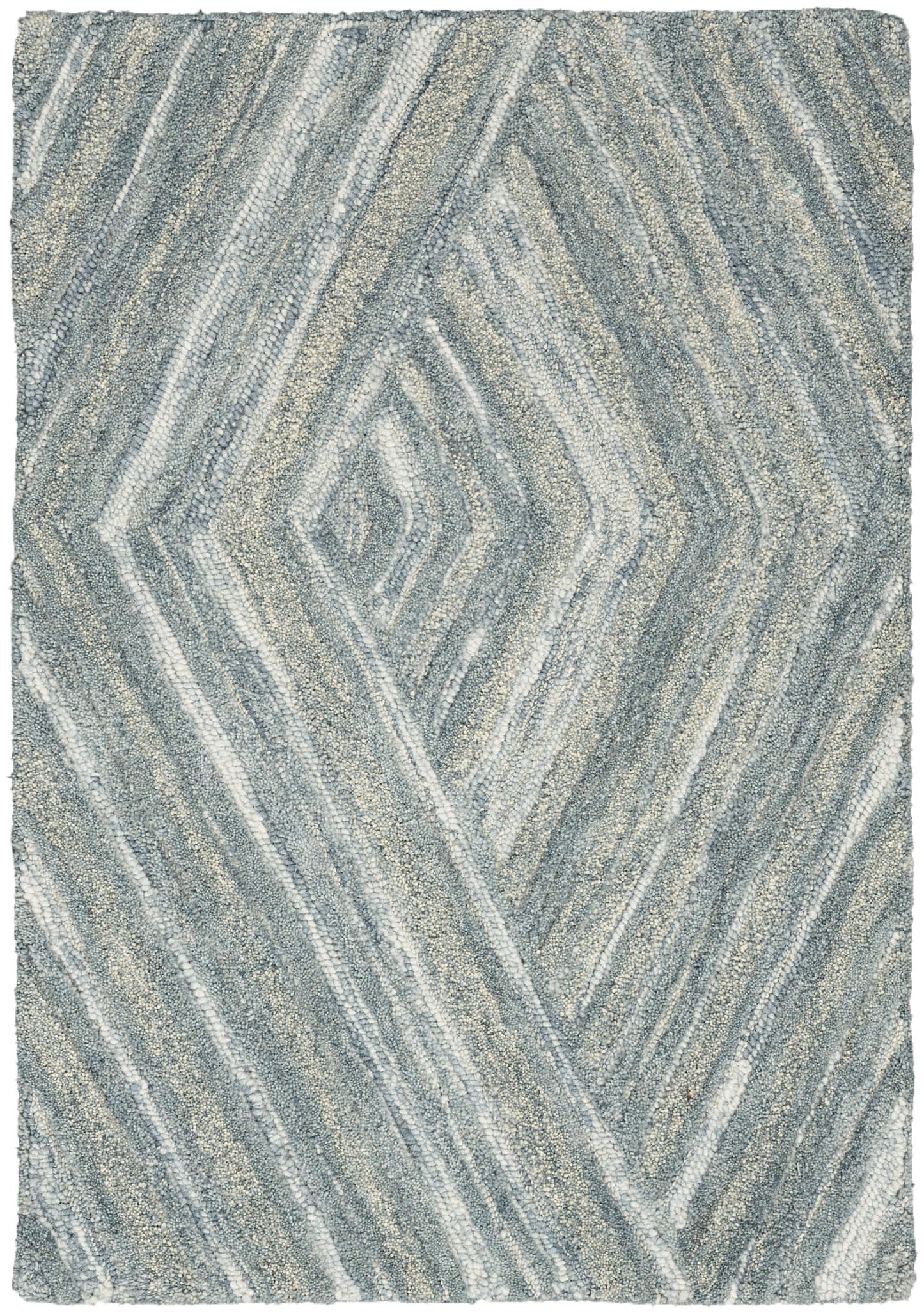 Blue-gray shag rug with a diamond-shaped geometric pattern and soft, textured pile.