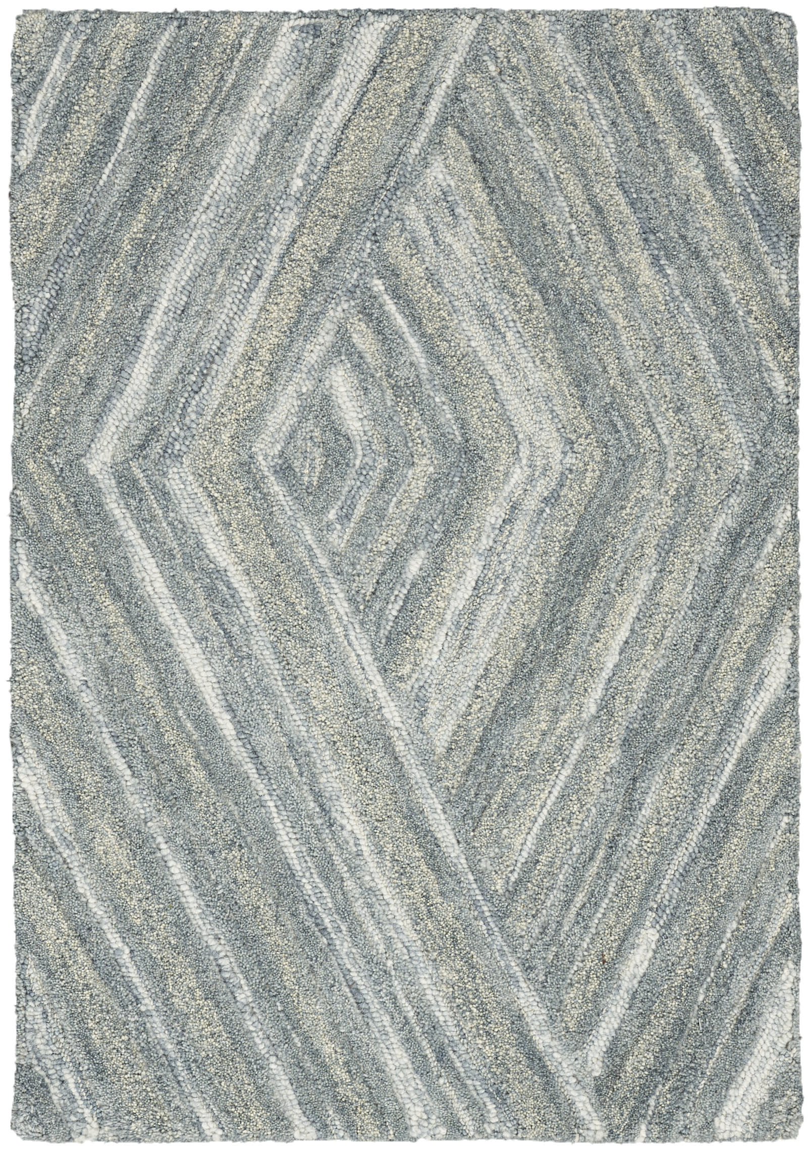 Blue-gray shag rug with a diamond-shaped geometric pattern and soft, textured pile.